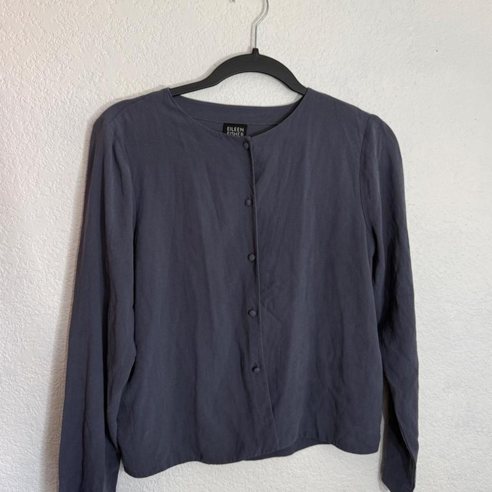 Eileen Fisher Petite 100% Silk Button Front Blouse Blue Gray Minimalist